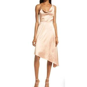 NWD Lulu's Size M Sereno Satin Cowl Neck Asymmetrical Midi Dress In Champagne